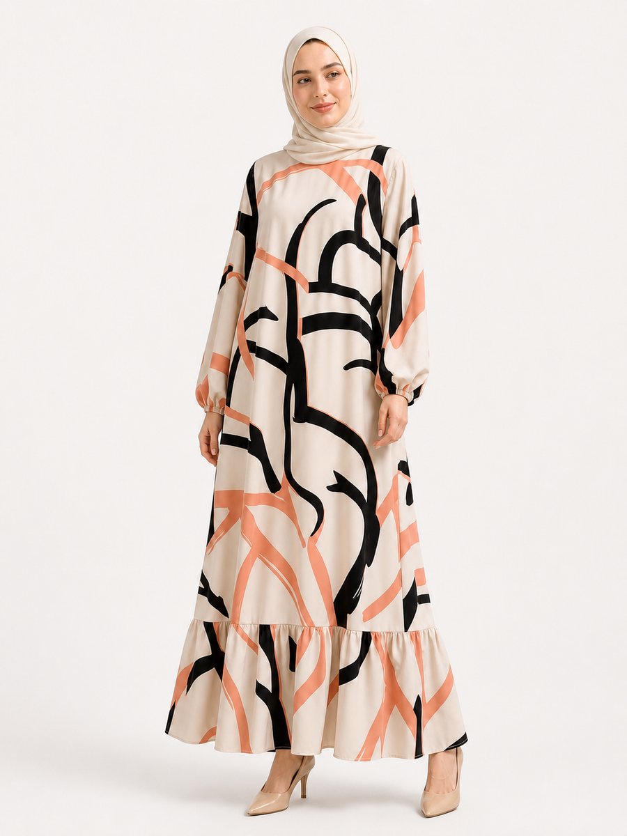 Abstract Print Ruffle-Hem Maxi Dress