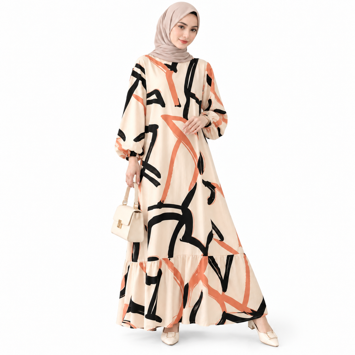ZOALIN - Abstract Print Ruffle-Hem Maxi Dress - Abstract Beige - front