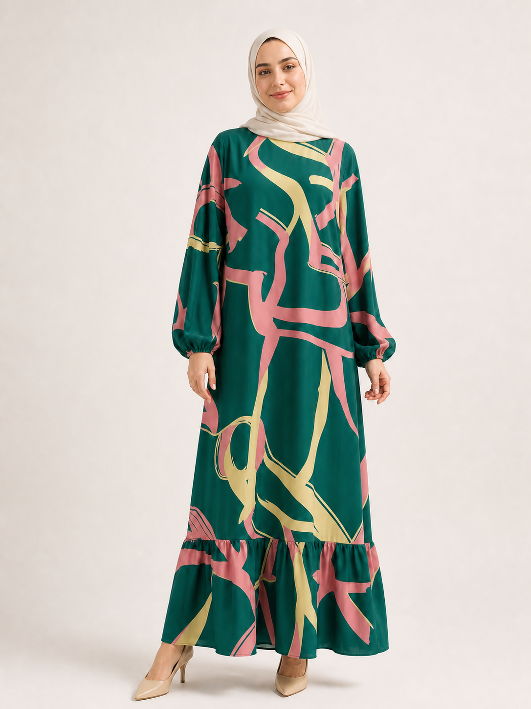 ZOALIN - Abstract Print Ruffle-Hem Maxi Dress - Abstract Green - front