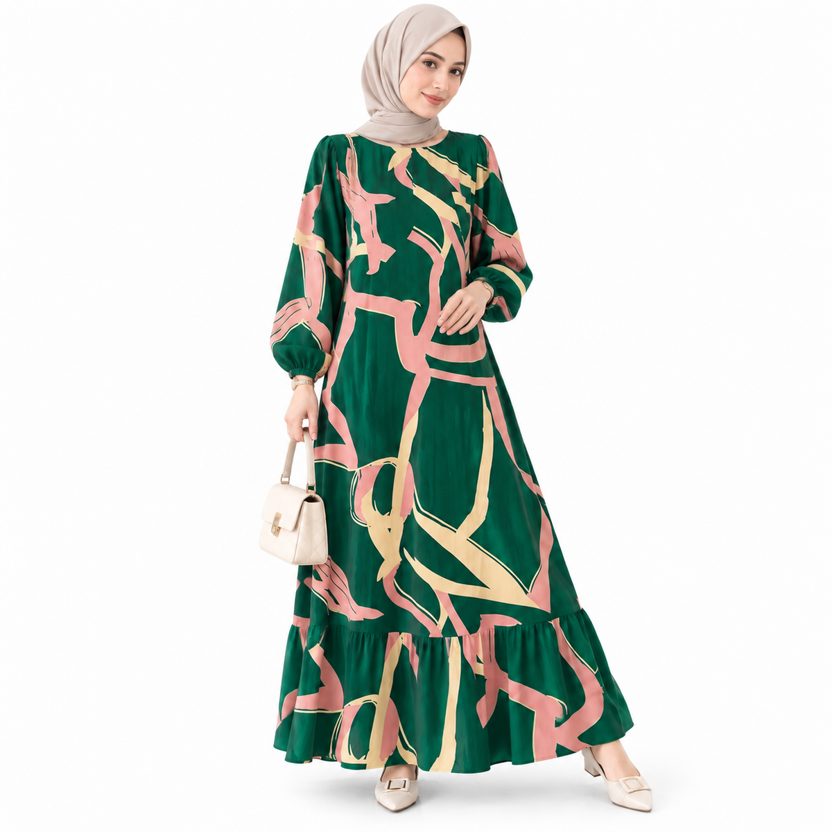 ZOALIN - Abstract Print Ruffle-Hem Maxi Dress - Abstract Green - front