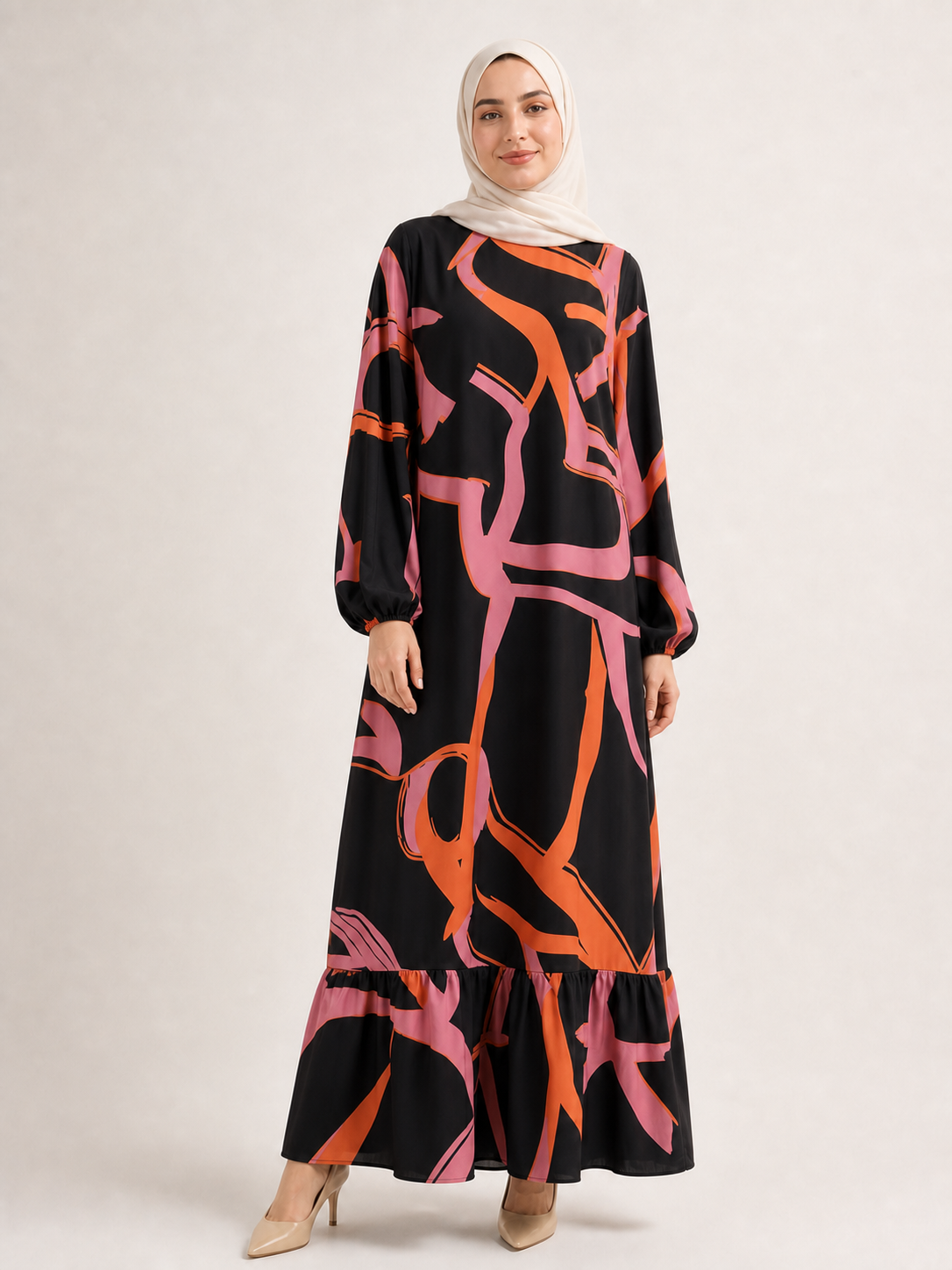 ZOALIN - Abstract Print Ruffle-Hem Maxi Dress - Abstract Orange - front