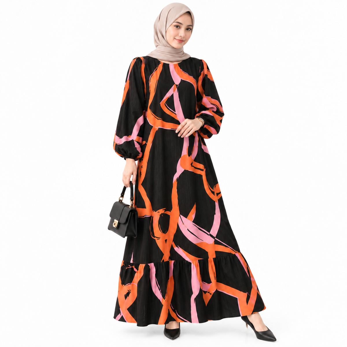 ZOALIN - Abstract Print Ruffle-Hem Maxi Dress - Abstract Orange - front