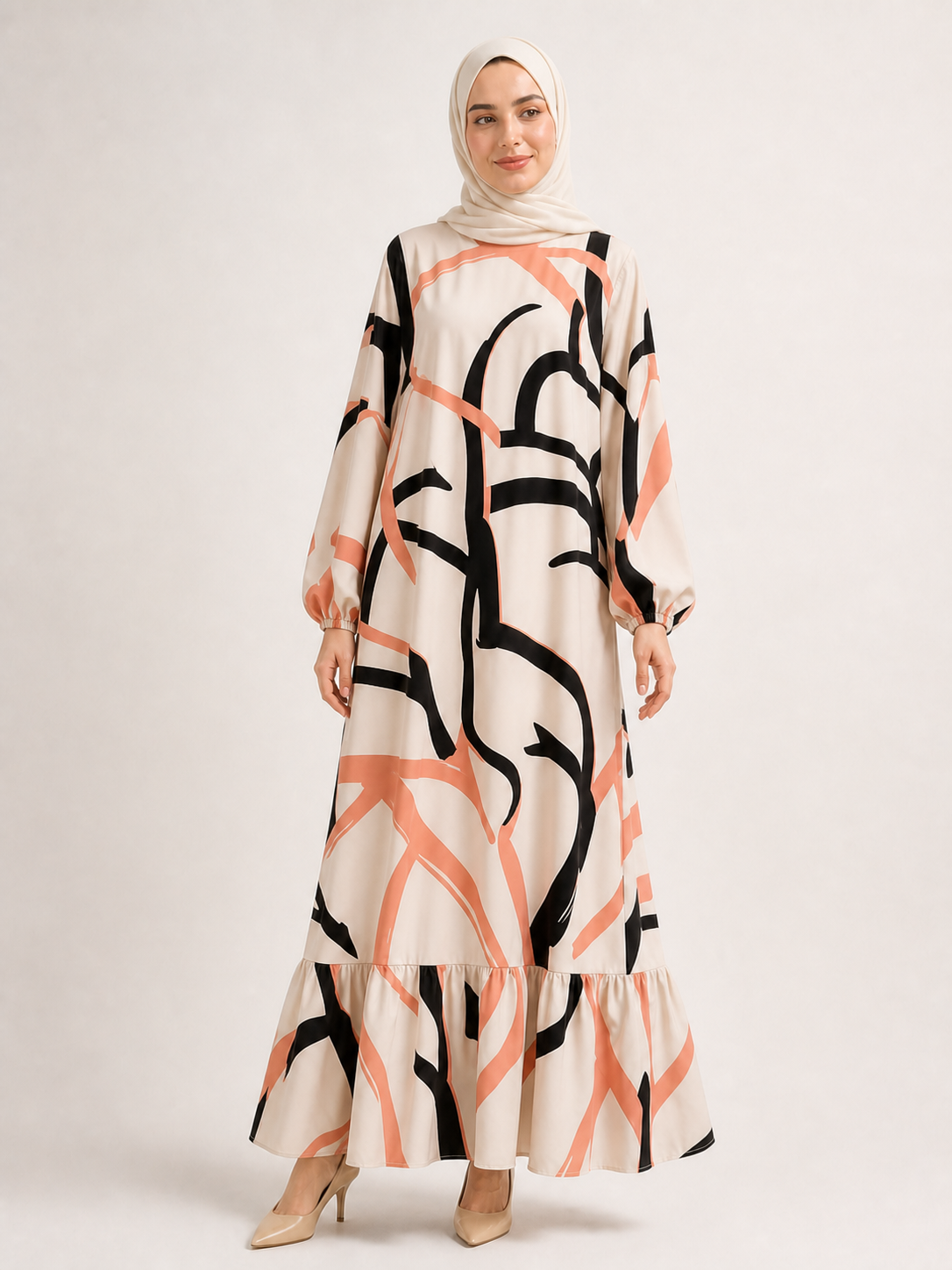 ZOALIN - Abstract Print Ruffle-Hem Maxi Dress - Abstract Beige - front