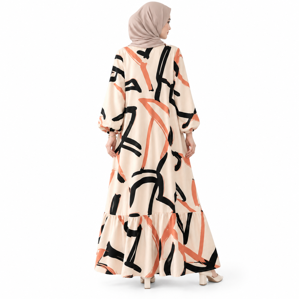 ZOALIN - Abstract Print Ruffle-Hem Maxi Dress - Abstract Beige - back