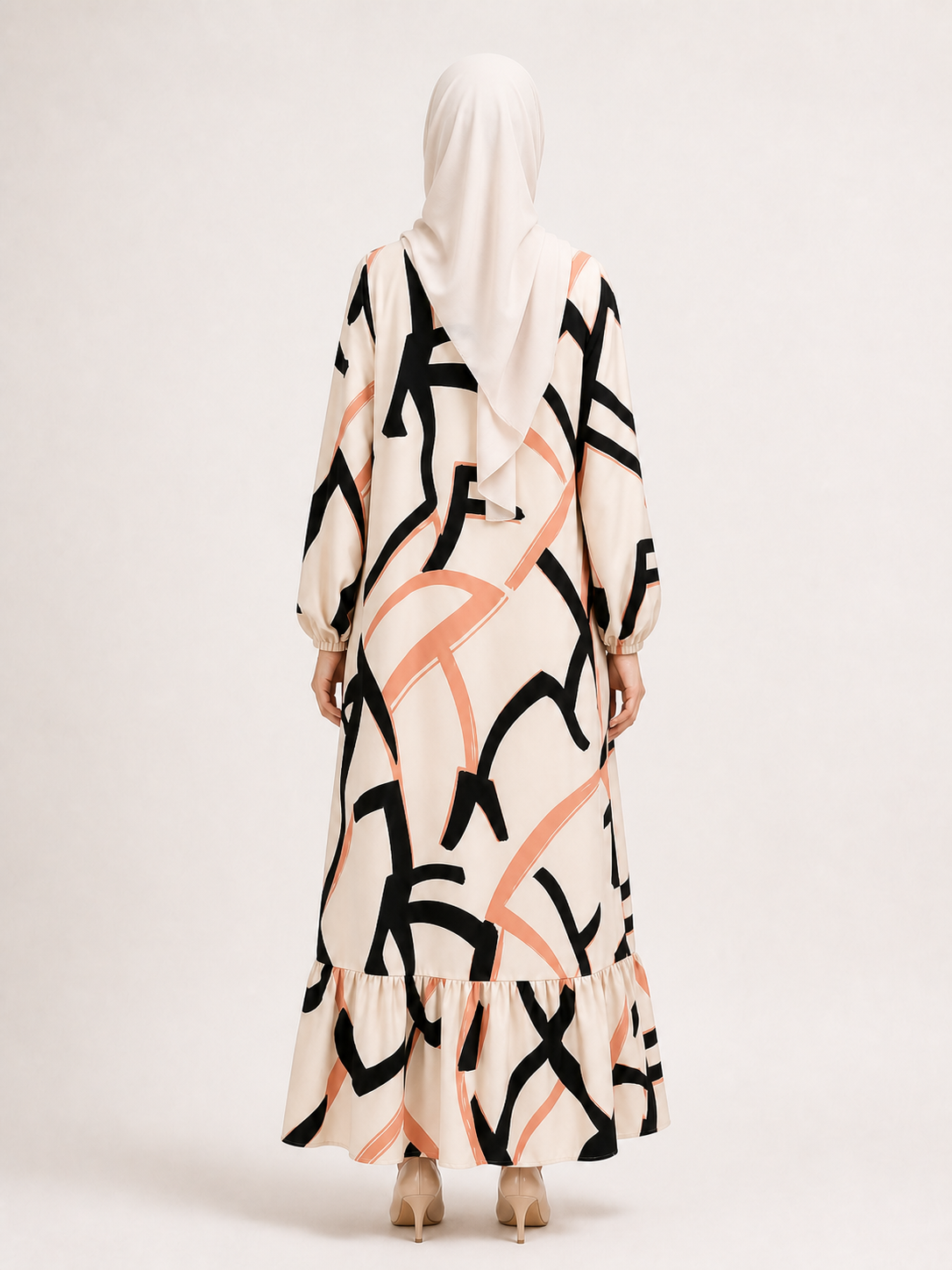ZOALIN - Abstract Print Ruffle-Hem Maxi Dress - Abstract Beige - back