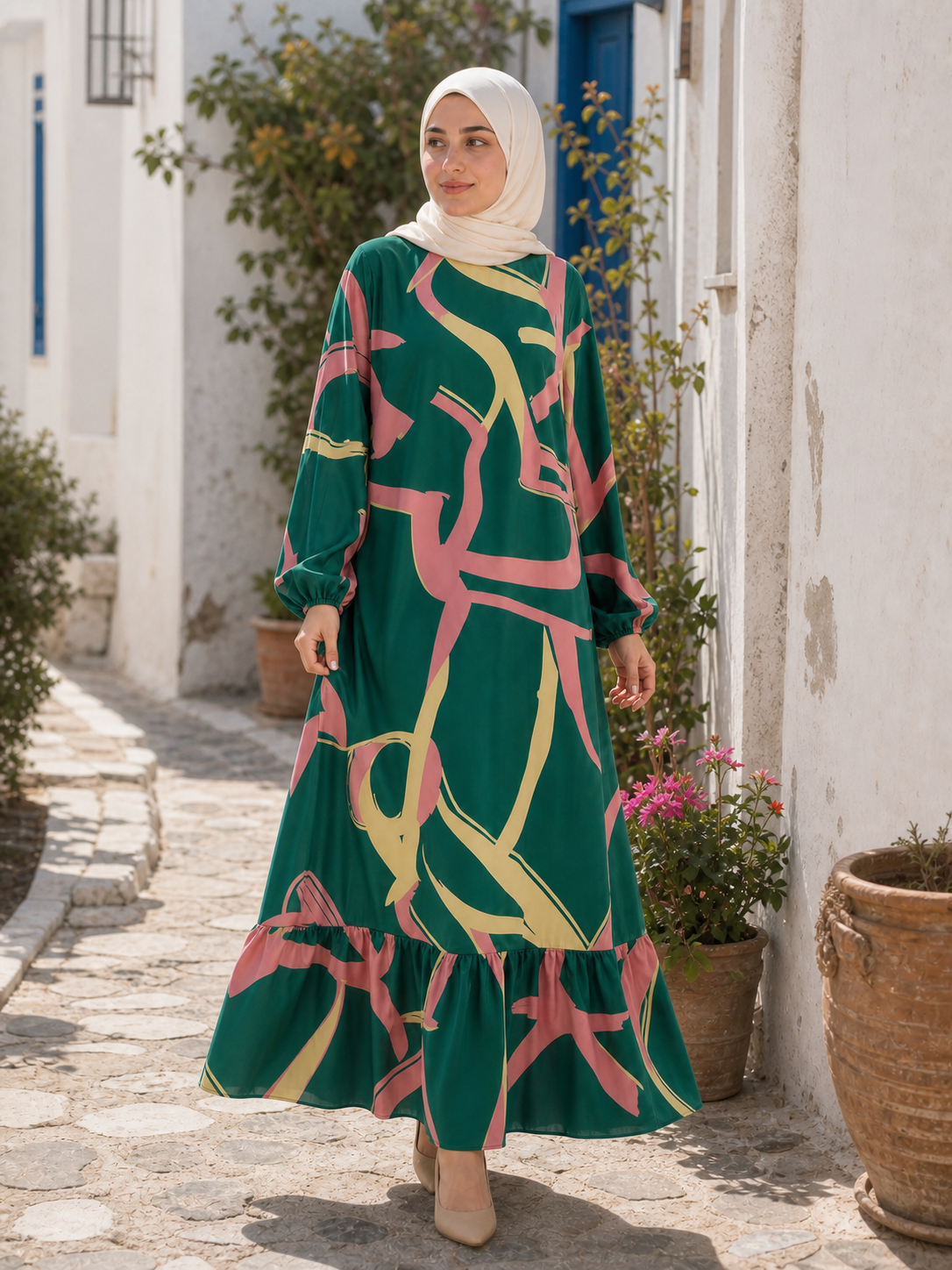 ZOALIN - Abstract Print Ruffle-Hem Maxi Dress - Abstract Green - lifestyle