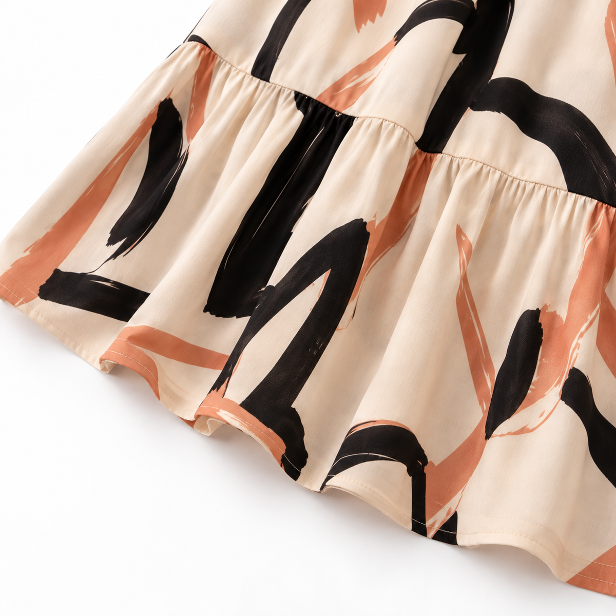 ZOALIN - Abstract Print Ruffle-Hem Maxi Dress - Abstract Beige - hem detail