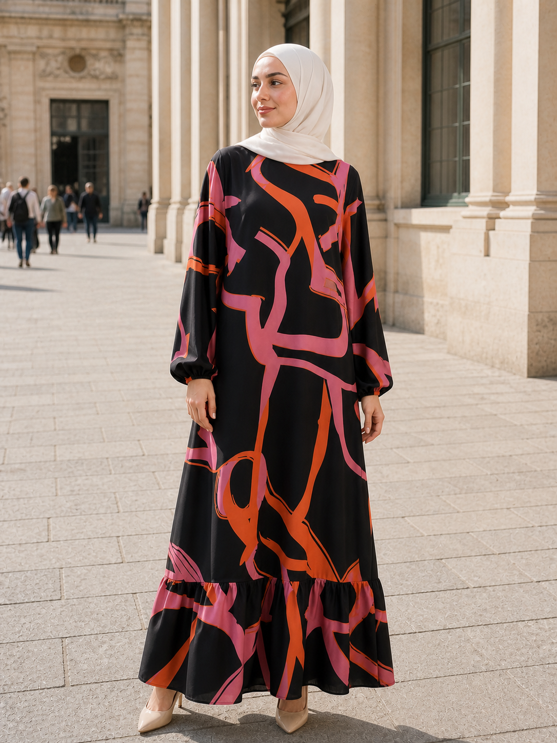 ZOALIN - Abstract Print Ruffle-Hem Maxi Dress - Abstract Orange - lifestyle
