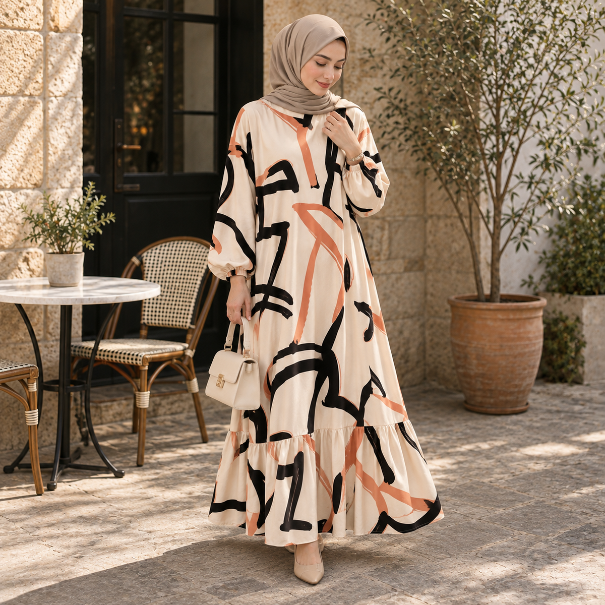 ZOALIN - Abstract Print Ruffle-Hem Maxi Dress - Abstract Beige - lifestyle