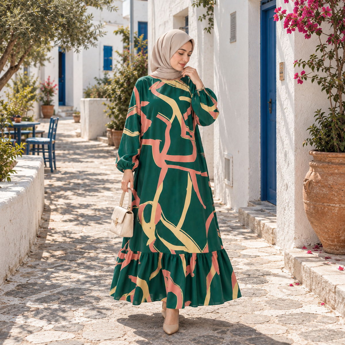 ZOALIN - Abstract Print Ruffle-Hem Maxi Dress - Abstract Green - lifestyle