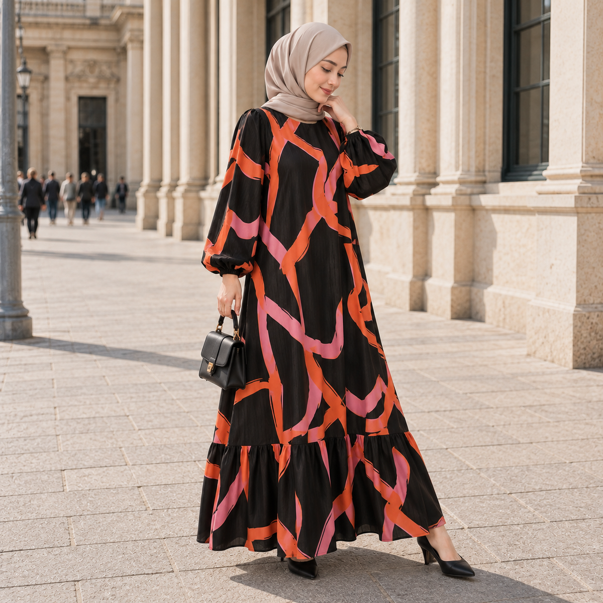 ZOALIN - Abstract Print Ruffle-Hem Maxi Dress - Abstract Orange - lifestyle