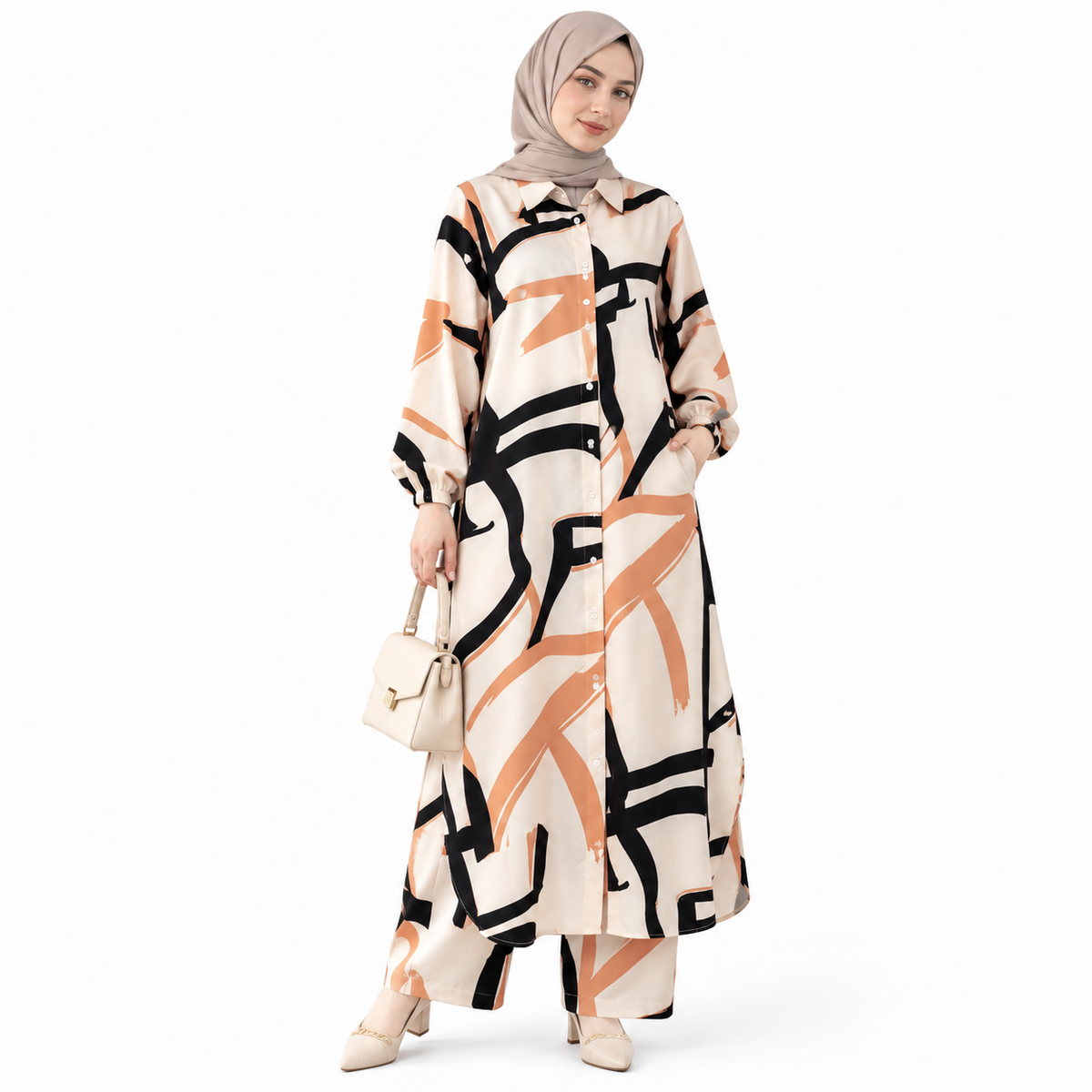 ZOALIN - Abstract Print Tunic & Wide-Leg Pants Set - Apricot Print - front