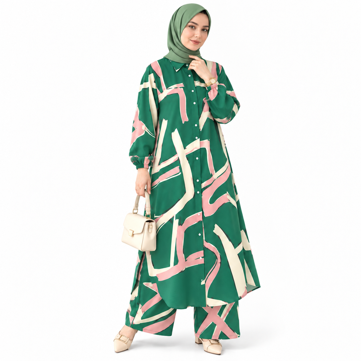 ZOALIN - Abstract Print Tunic & Wide-Leg Pants Set - Mint Print - front