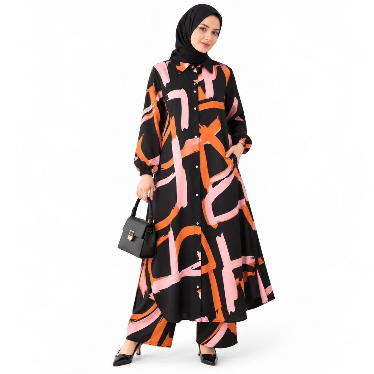 ZOALIN - Abstract Print Tunic & Wide-Leg Pants Set - Black Orange Print - front