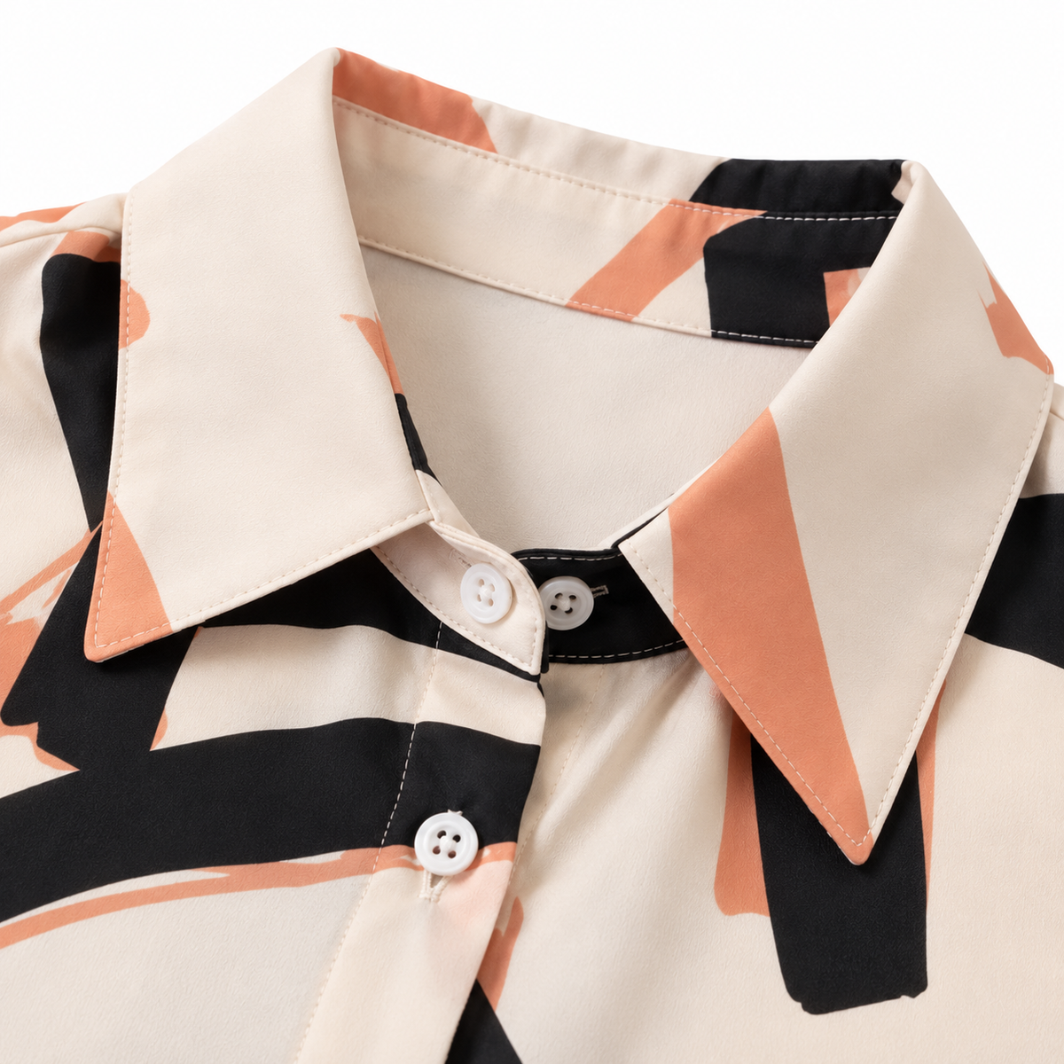 ZOALIN - Abstract Print Tunic & Wide-Leg Pants Set - Apricot Print - collar detail