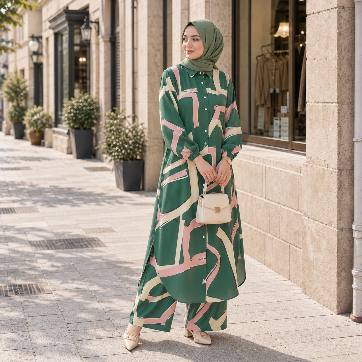 ZOALIN - Abstract Print Tunic & Wide-Leg Pants Set - Mint Print - lifestyle