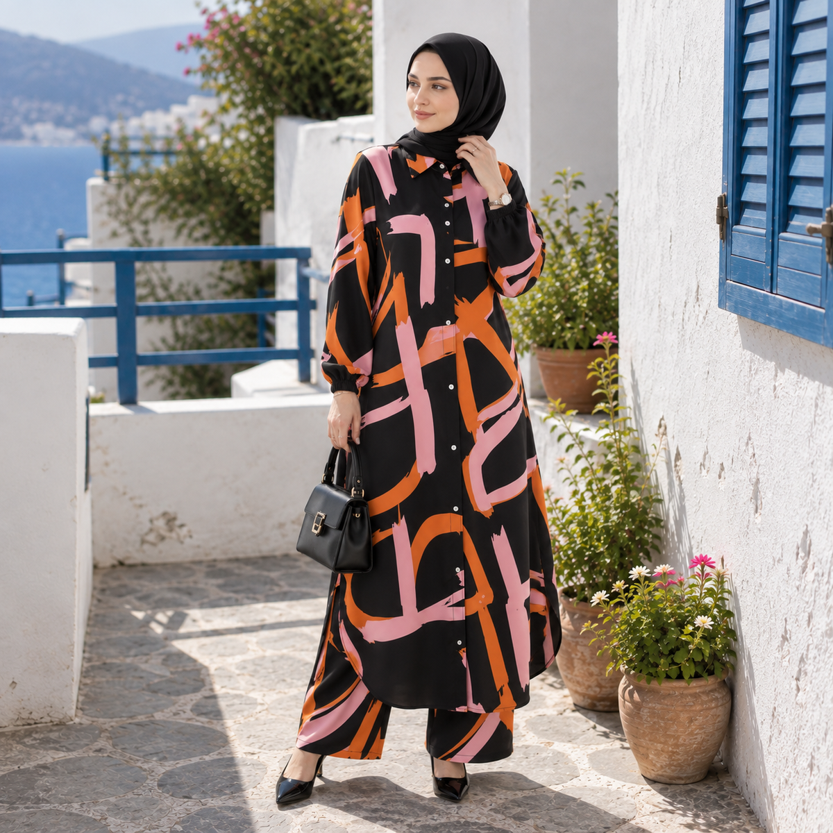 ZOALIN - Abstract Print Tunic & Wide-Leg Pants Set - Black Orange Print - lifestyle