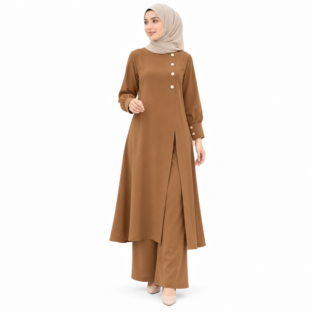 ZOALIN - Asymmetric Button Tunic & Pants Set - Camel - front