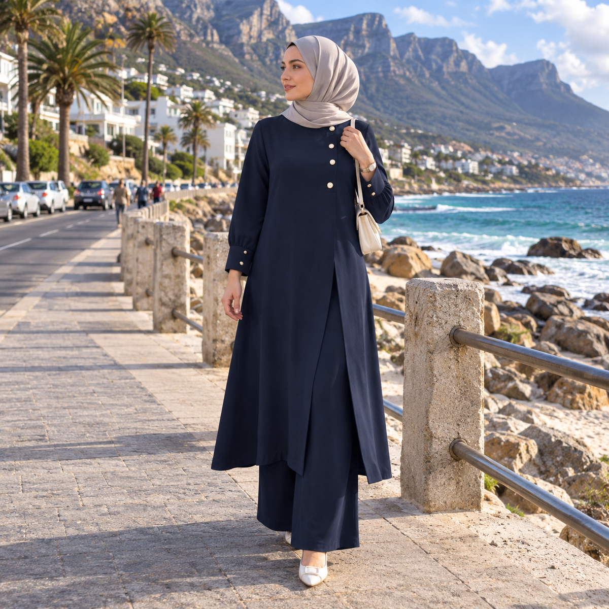 ZOALIN - Asymmetric Button Tunic & Pants Set - Navy - lifestyle
