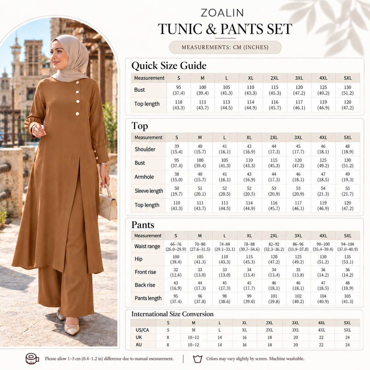 ZOALIN - Asymmetric Button Tunic & Pants Set - size chart - centimeters