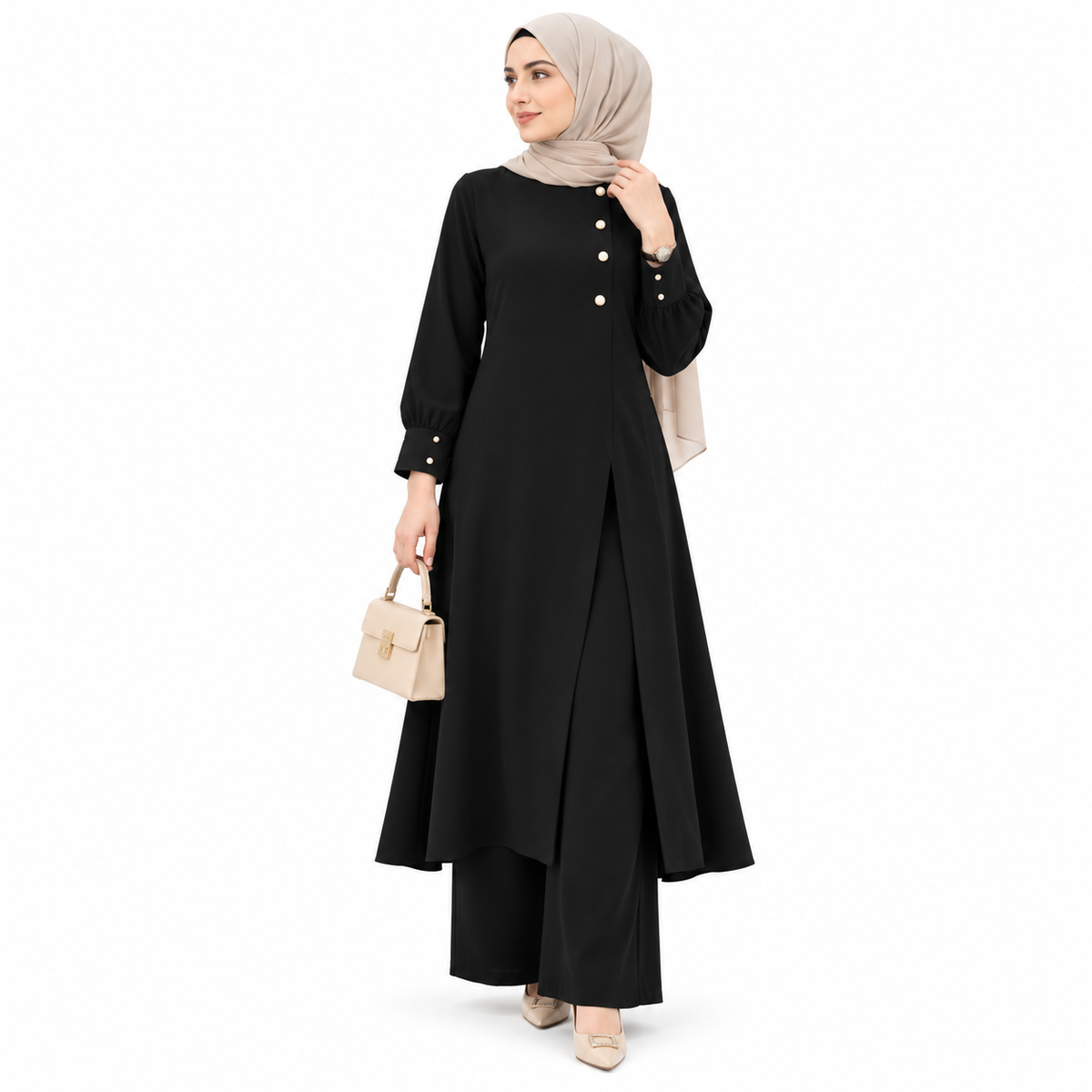 ZOALIN - Asymmetric Button Tunic & Pants Set - Black - front