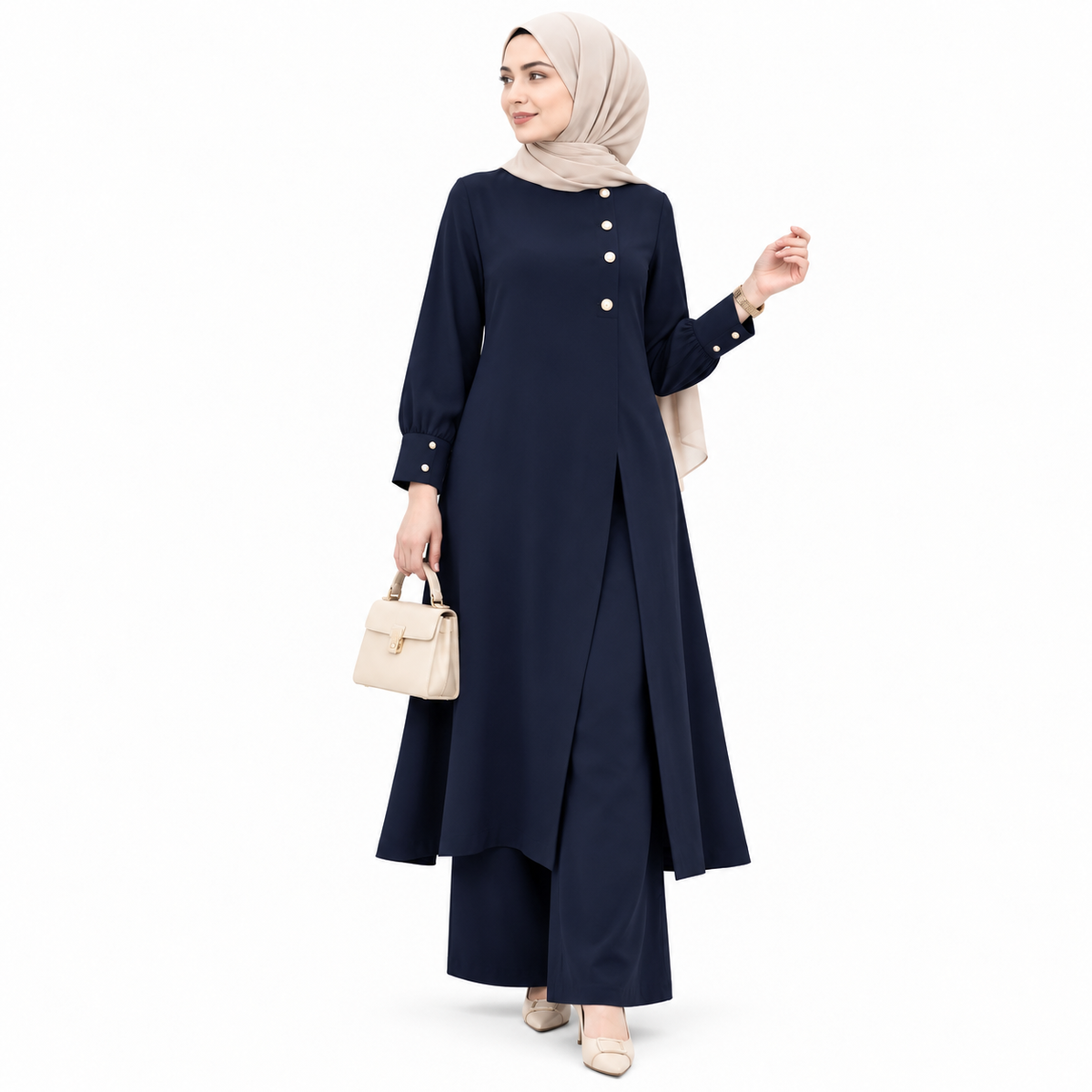 ZOALIN - Asymmetric Button Tunic & Pants Set - Navy - front