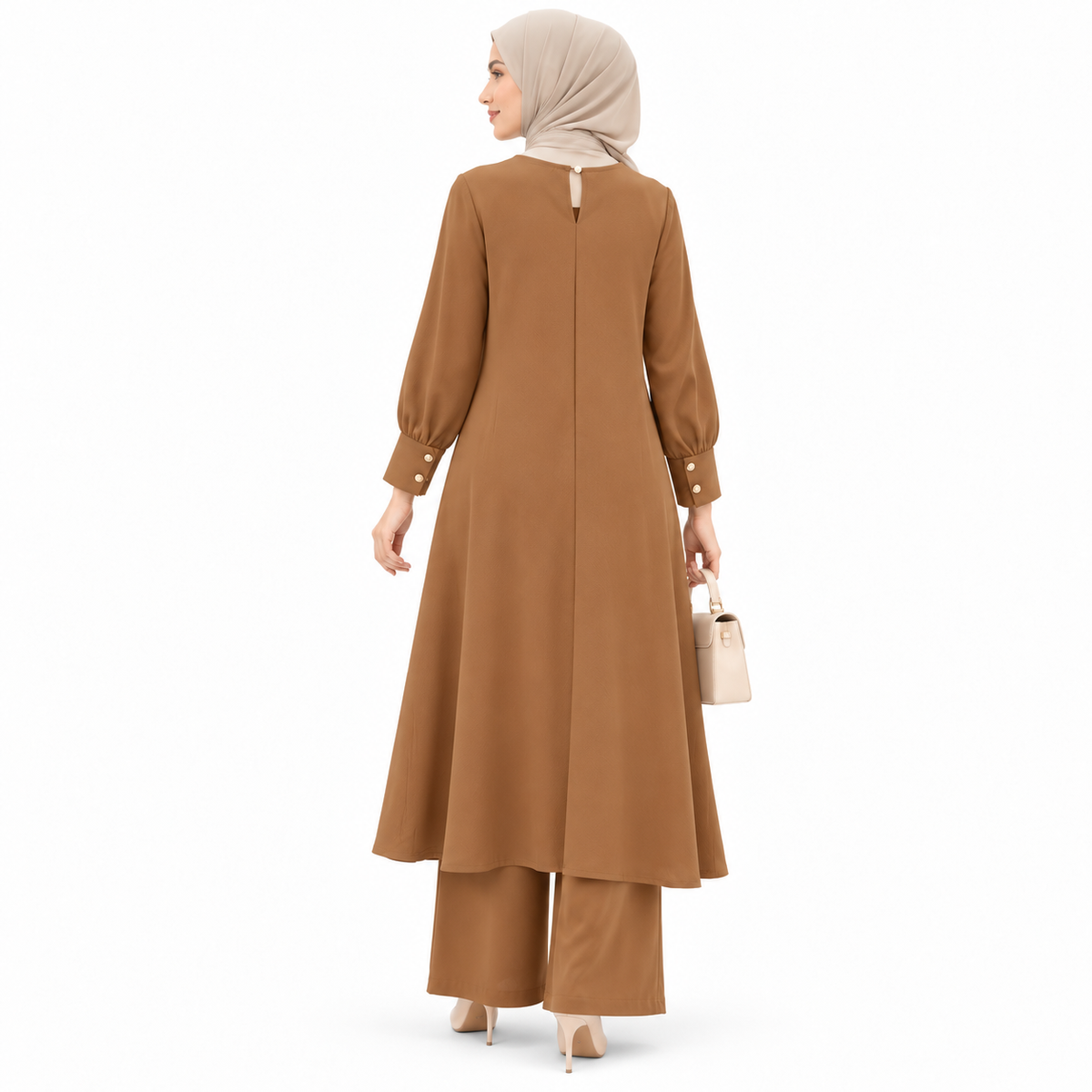 ZOALIN - Asymmetric Button Tunic & Pants Set - Camel - back