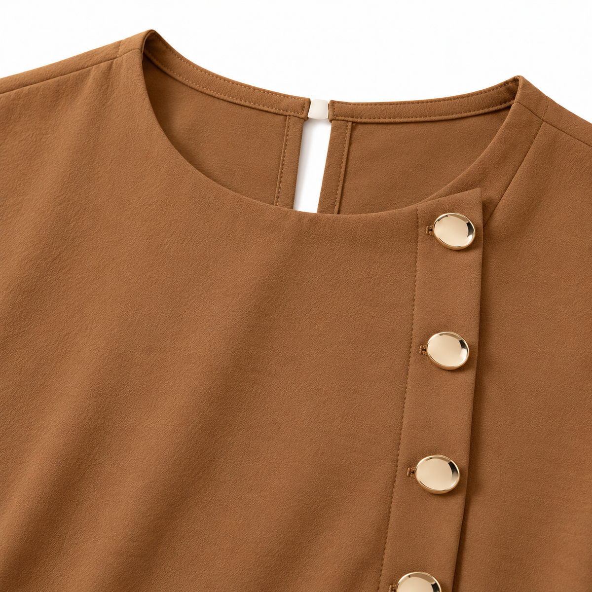 ZOALIN - Asymmetric Button Tunic & Pants Set - Camel - neckline detail