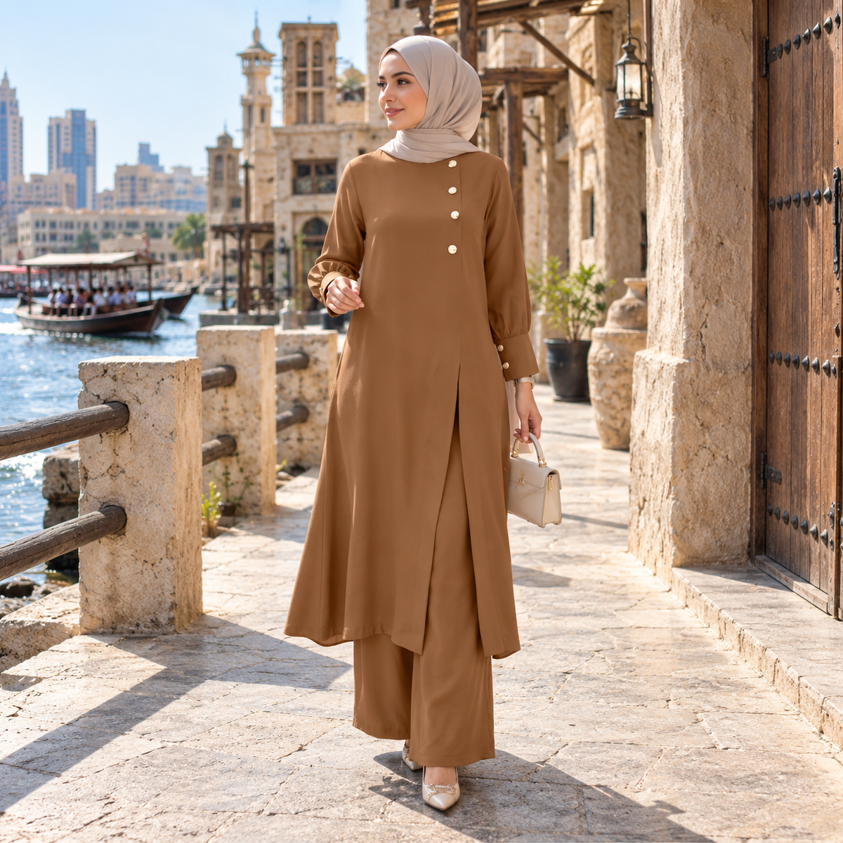 ZOALIN - Asymmetric Button Tunic & Pants Set - Camel - lifestyle