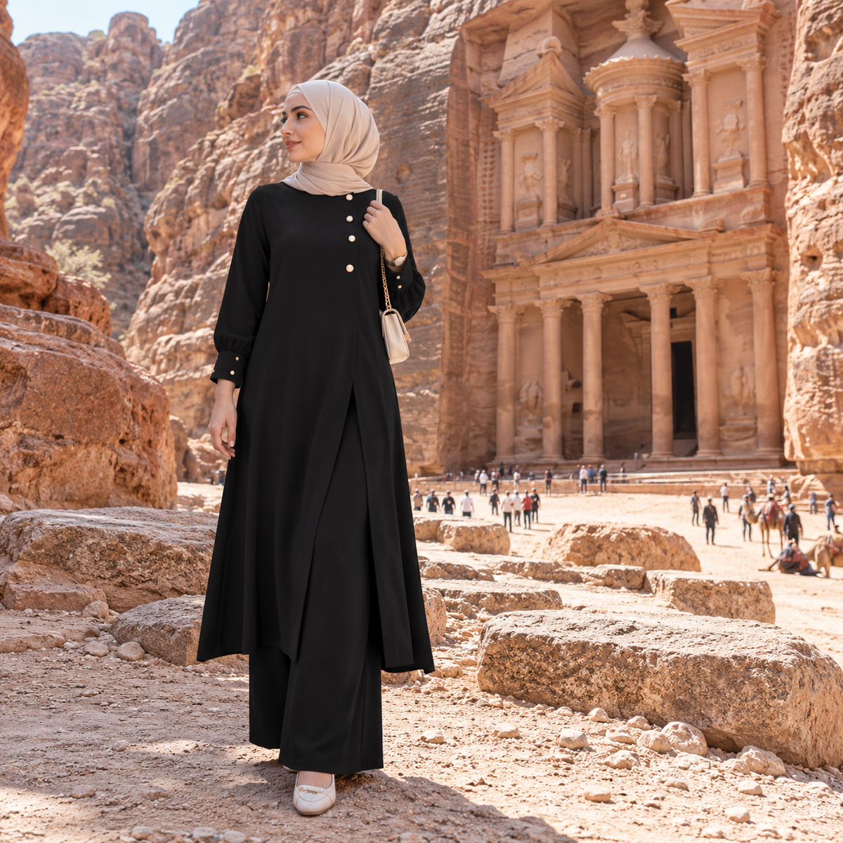 ZOALIN - Asymmetric Button Tunic & Pants Set - Black - lifestyle