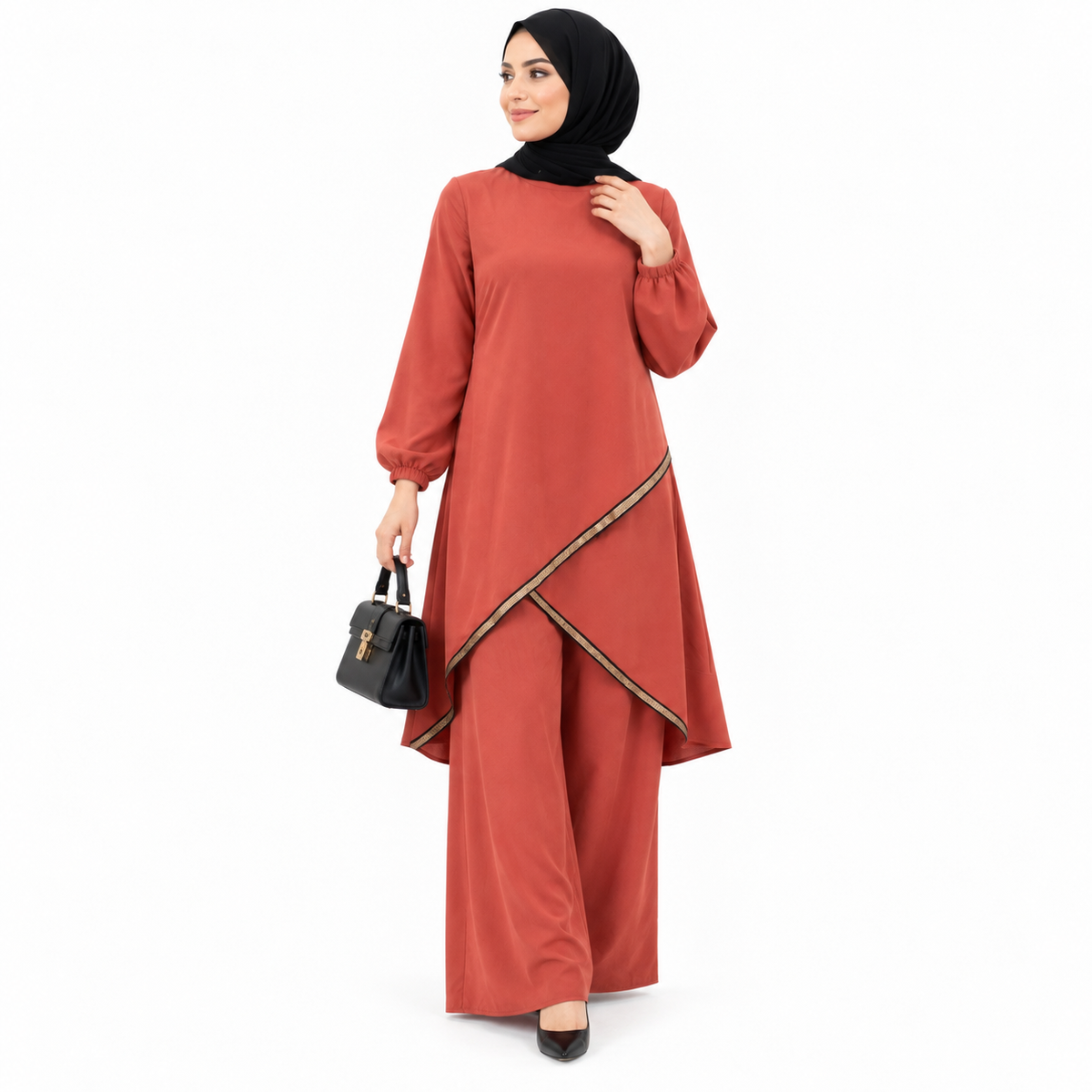 ZOALIN - Contrast-Trim Tunic & Pants Set - Rust Red - front