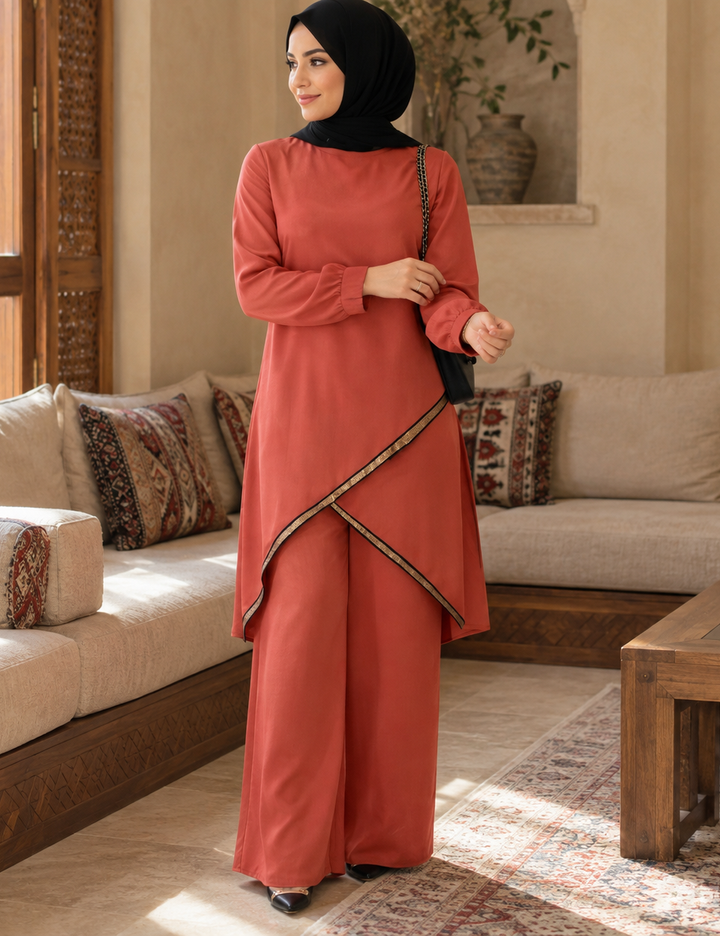 Contrast-Trim Tunic & Pants Set