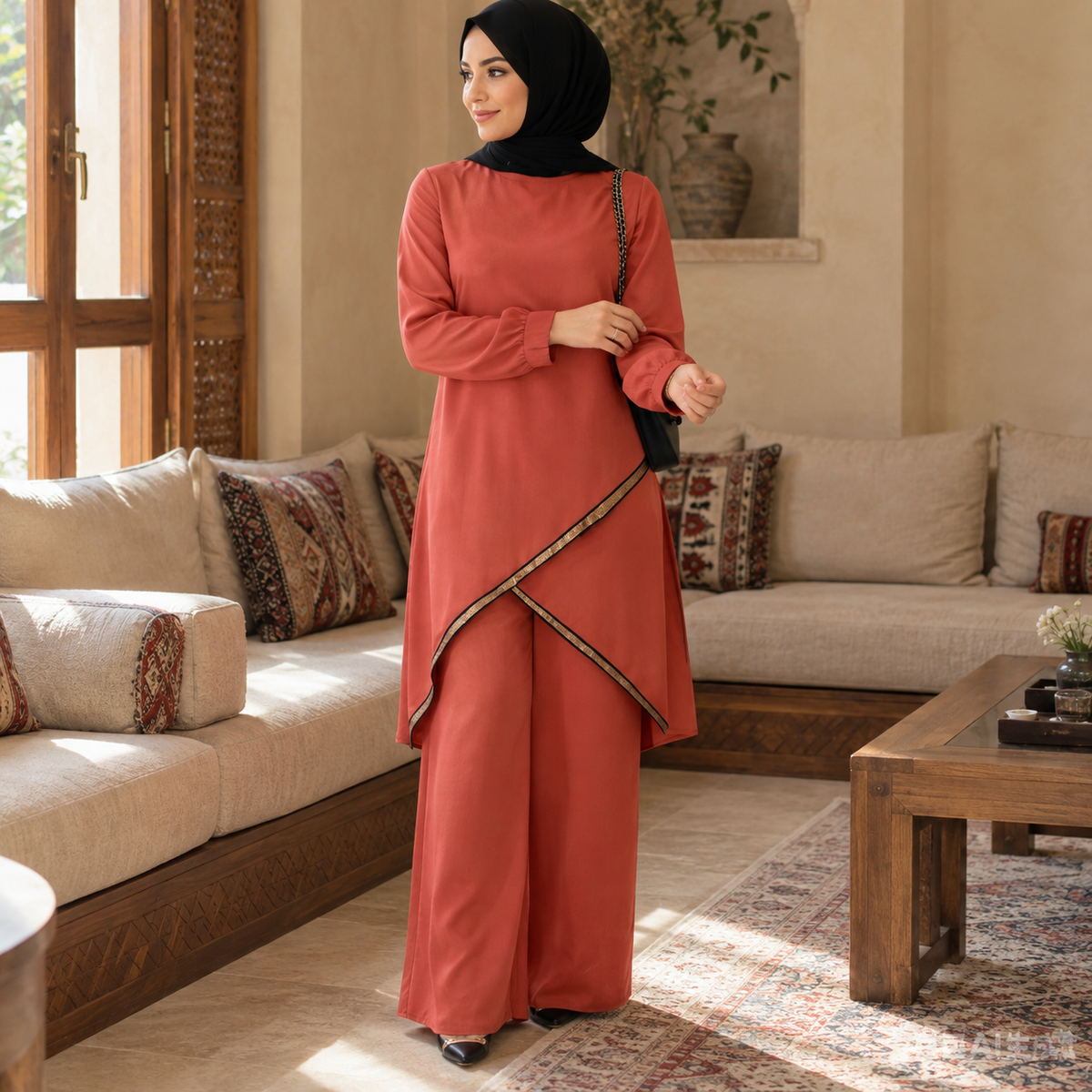 Set Tunik dan Seluar Berhias Kontras real-life styling