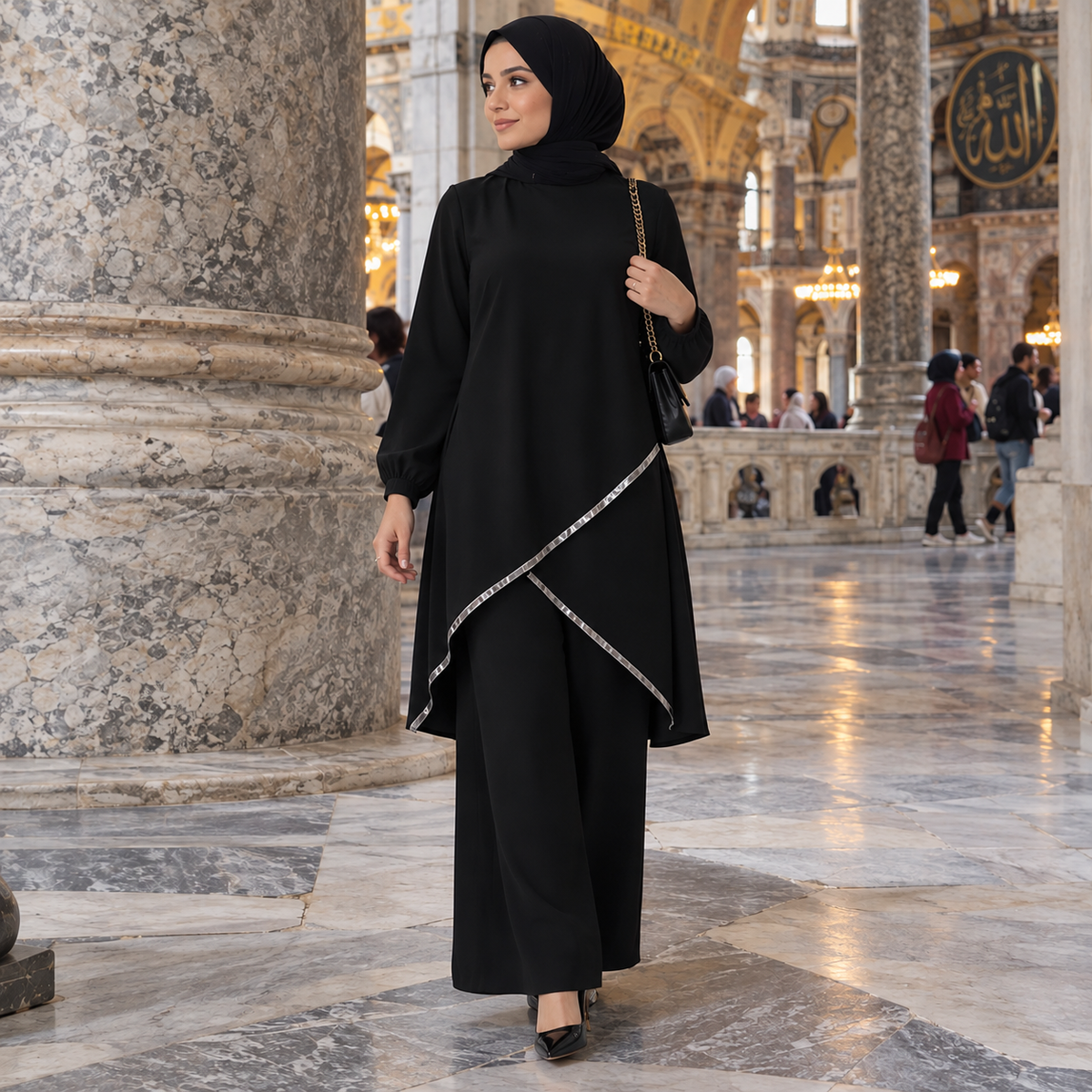 ZOALIN - Contrast-Trim Tunic & Pants Set - Black - lifestyle