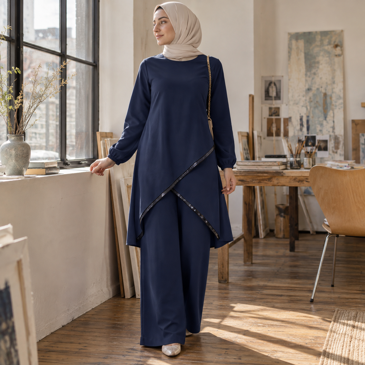 ZOALIN - Contrast-Trim Tunic & Pants Set - Navy - lifestyle