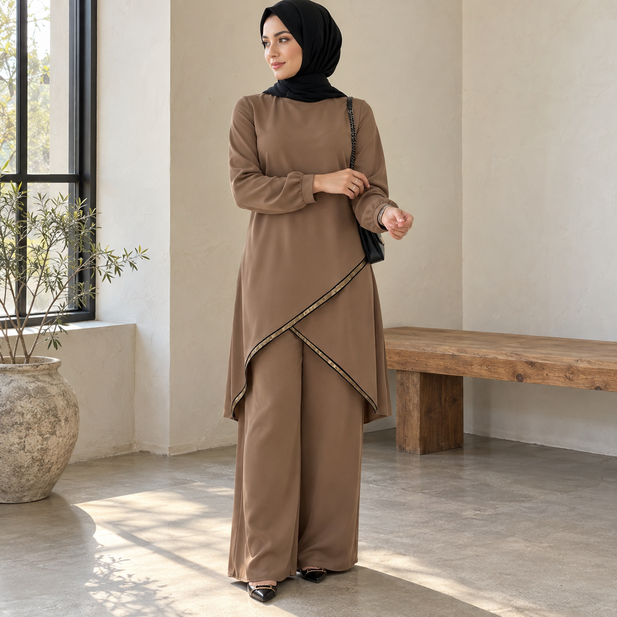 ZOALIN - Contrast-Trim Tunic & Pants Set - Khaki - lifestyle