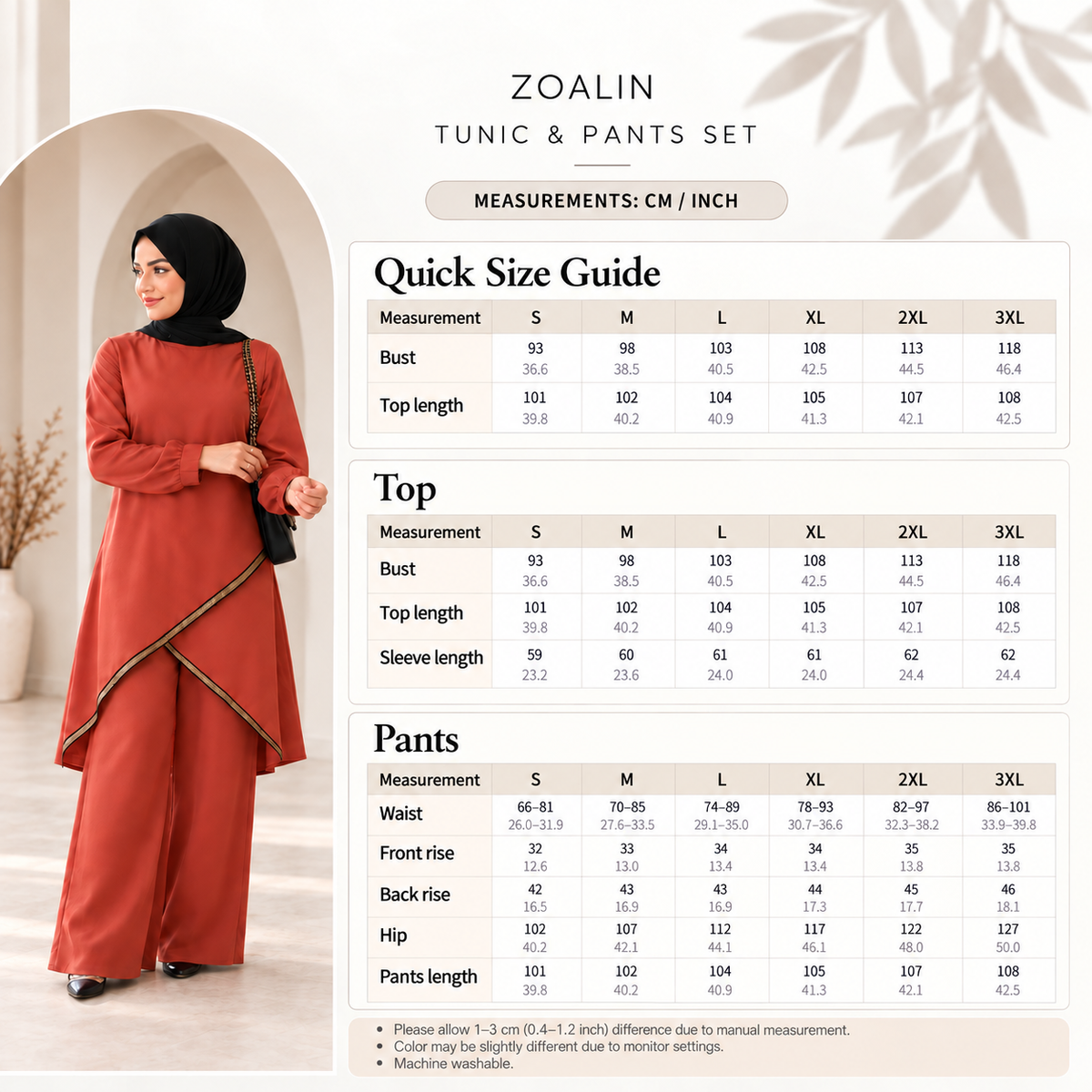 ZOALIN - Contrast-Trim Tunic & Pants Set - size chart - centimeters and inches