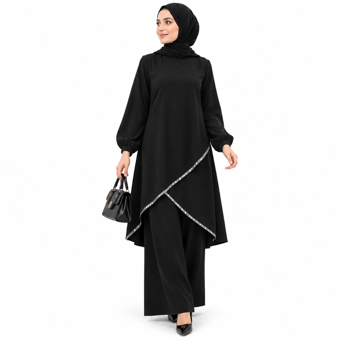 ZOALIN - Contrast-Trim Tunic & Pants Set - Black - front