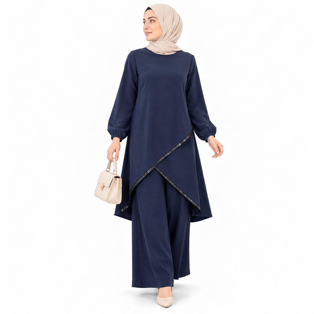 ZOALIN - Contrast-Trim Tunic & Pants Set - Navy - front