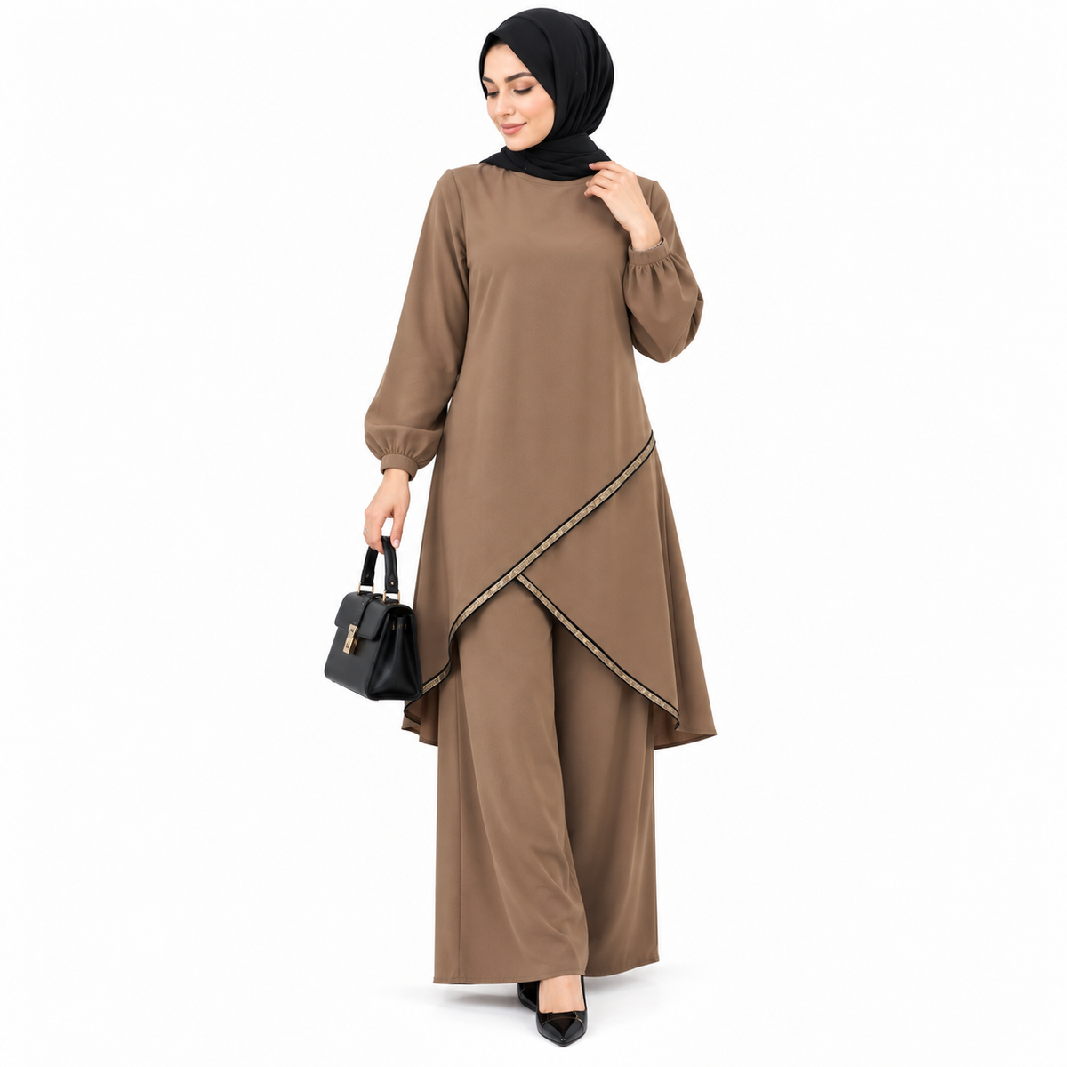 ZOALIN - Contrast-Trim Tunic & Pants Set - Khaki - front