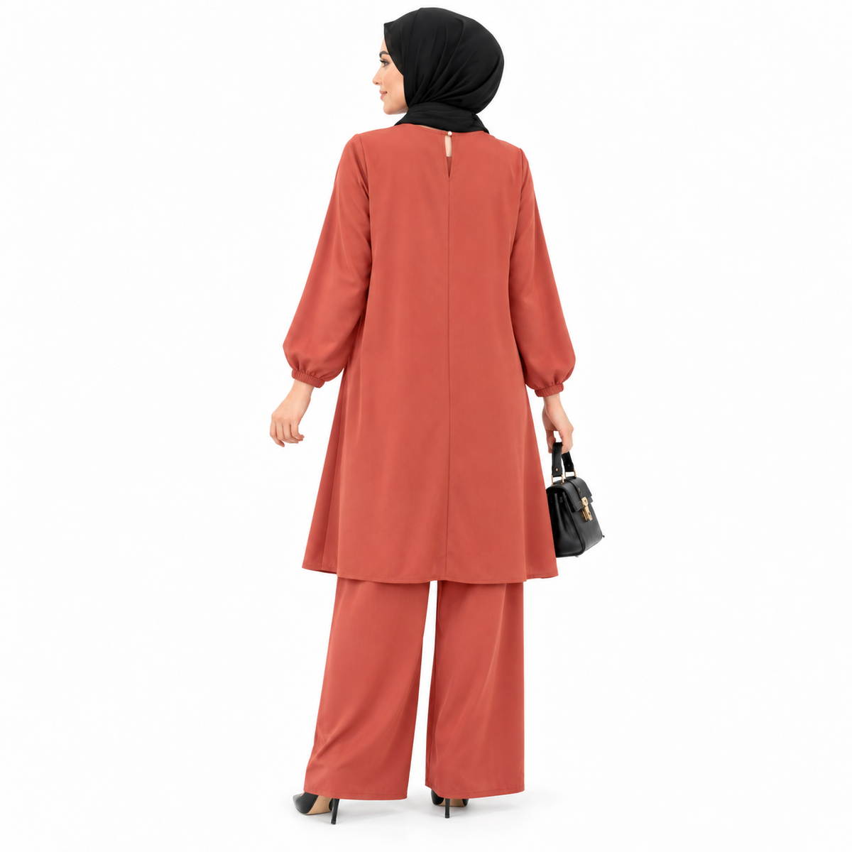 ZOALIN - Contrast-Trim Tunic & Pants Set - Rust Red - back
