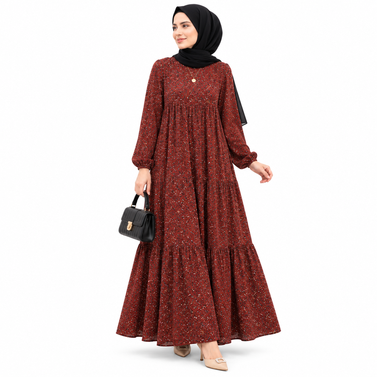 ZOALIN - Ditsy Floral Maxi Dress - Rust Red - front