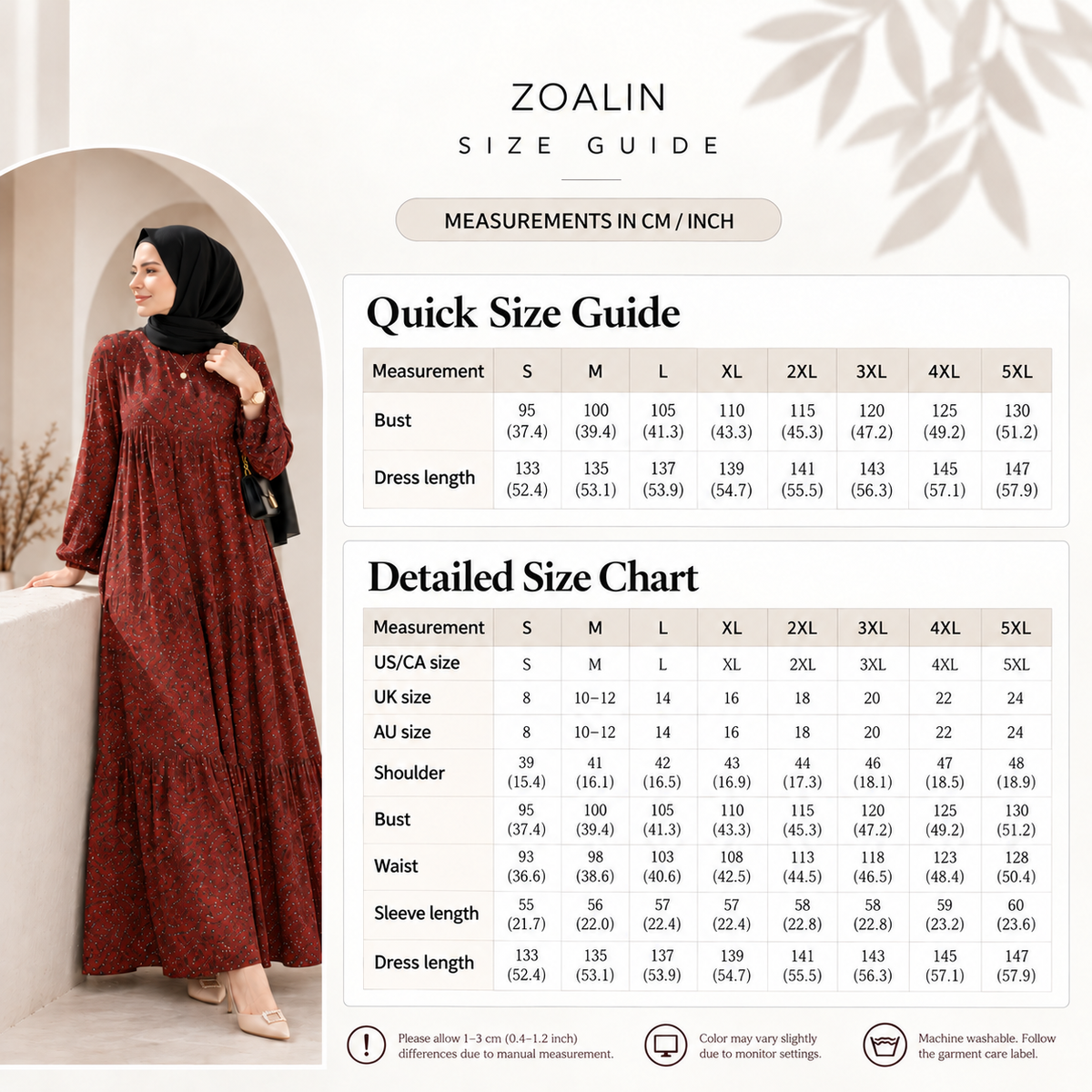 ZOALIN - Ditsy Floral Maxi Dress - size chart - centimeters and inches