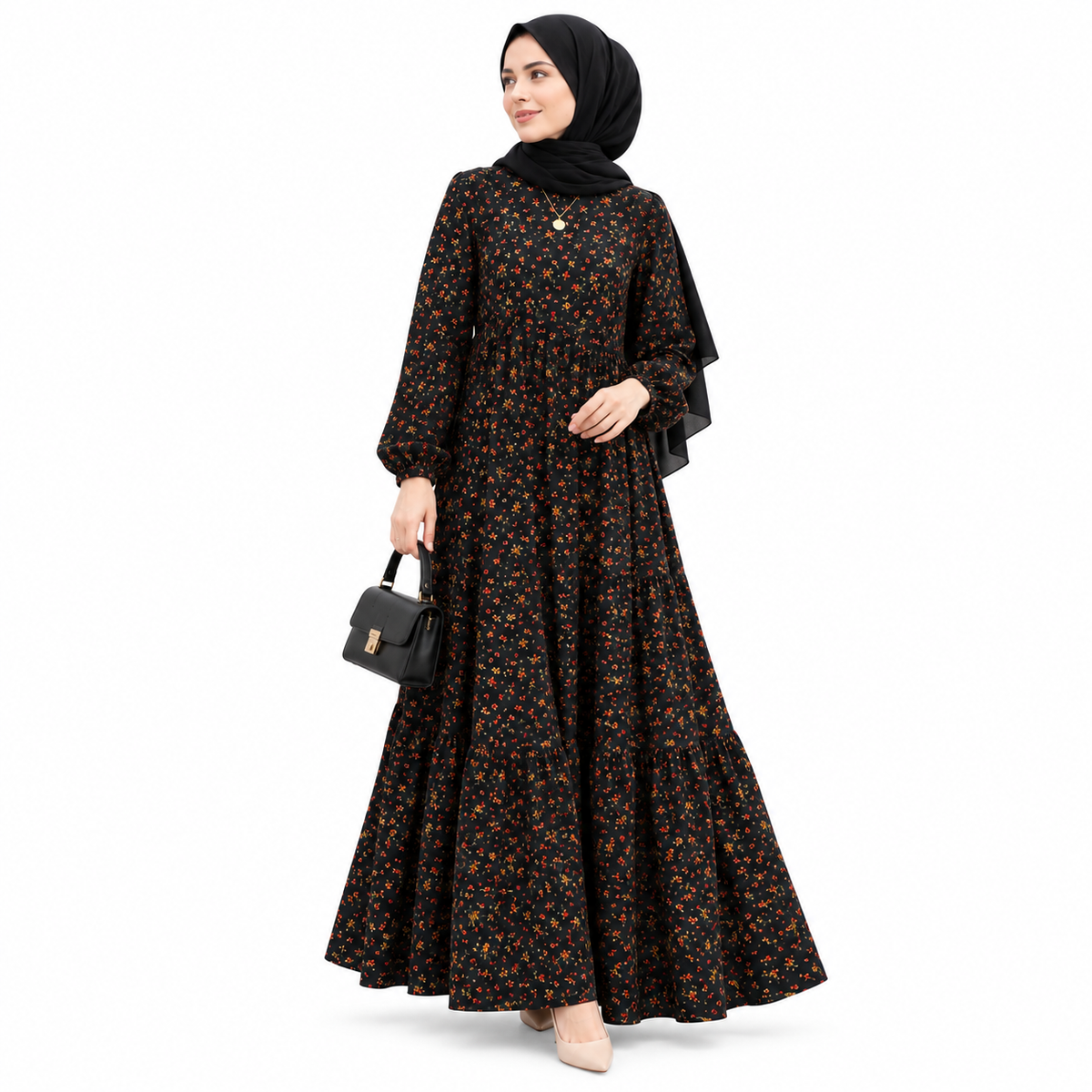 ZOALIN - Ditsy Floral Maxi Dress - Black - front