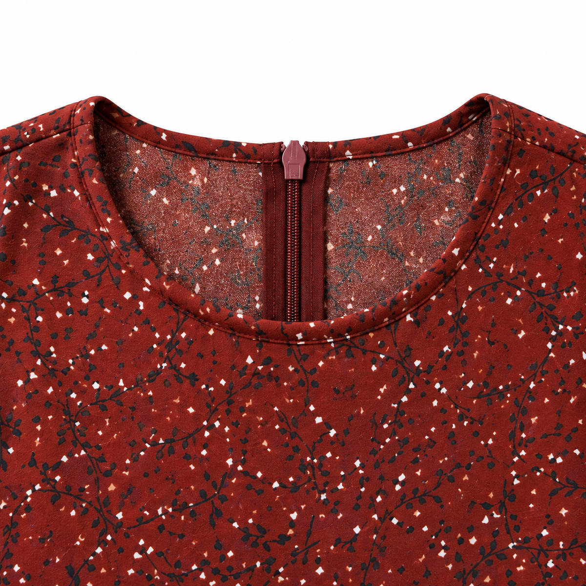 ZOALIN - Ditsy Floral Maxi Dress - Rust Red - neckline detail