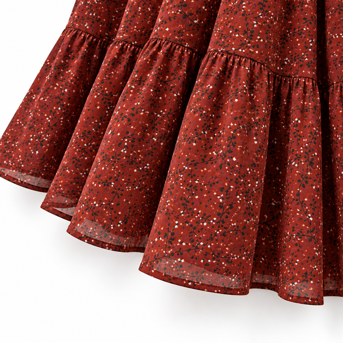 ZOALIN - Ditsy Floral Maxi Dress - Rust Red - tiered hem detail