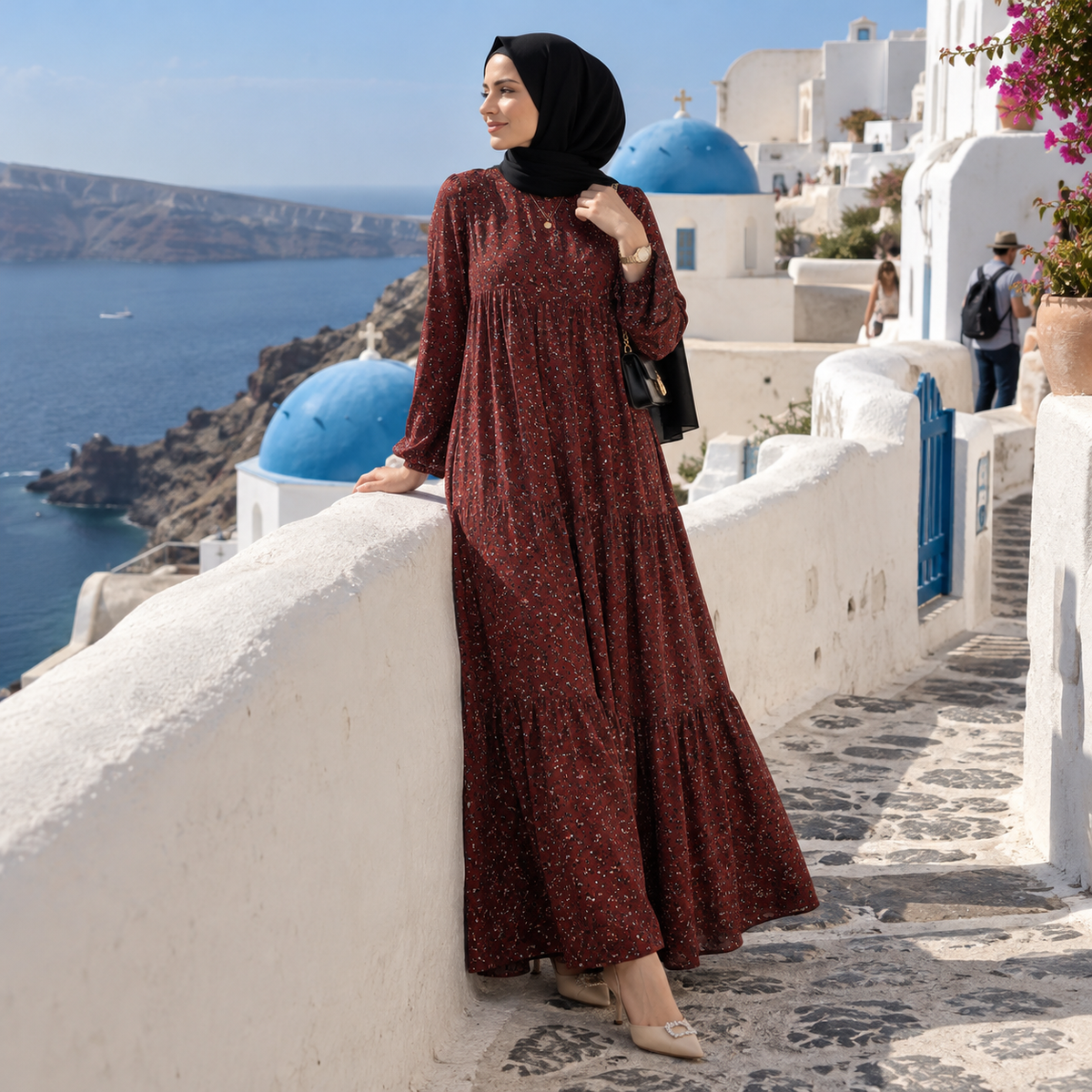 ZOALIN - Ditsy Floral Maxi Dress - Rust Red - lifestyle