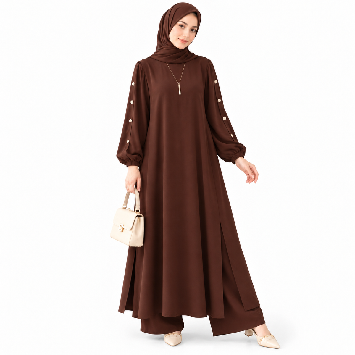 ZOALIN - Elegant Button-Sleeve Tunic & Pants Set - Coffee - front