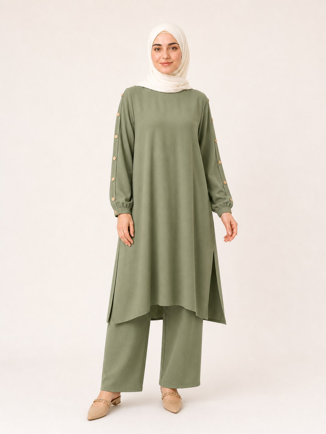ZOALIN - Elegant Button-Sleeve Tunic & Pants Set - Sage - front