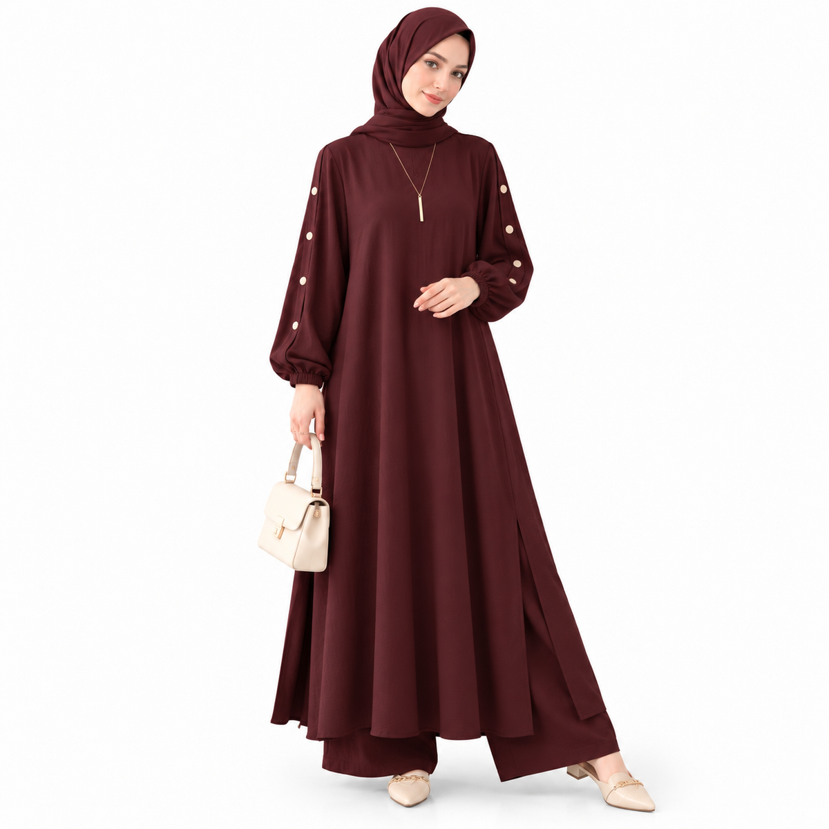 ZOALIN - Elegant Button-Sleeve Tunic & Pants Set - Chocolate - front
